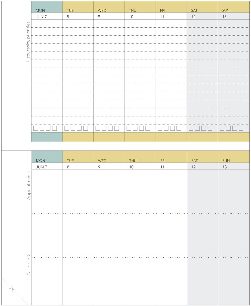 WeekDate specifics — color-coded weekly pages in the paper planner